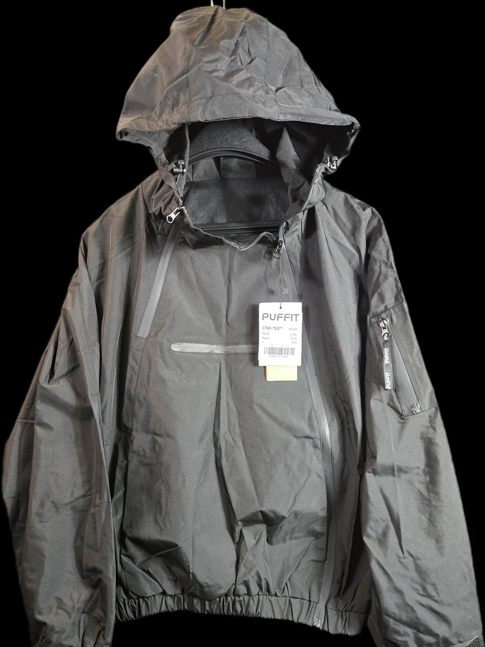NWT PUFFIT STM-TEX Black Asymmetric Zip Rain Jacket Size L